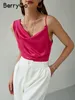 Berrygo Elegant Office Lady Silk Top Pink Summer Satin Crop Top met onregelmatige riemen Fashion Zipper Pure tanktop Women 220514