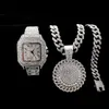 Kedjor 3st Iced Out Necklace Armband Watches Rhinestone 13mm Miami Cuban Pandents Bling Gold Watch for Men smycken Setchains Godl22