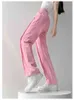 Couture rose couture topstitch décoration jeans femme été nouveau taille haute lâche droite large jambe girly denim pantalon femelle t220728