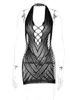 Hugcitar Solid Halter Bez Rękawów Bez Backless Mesh Hollow Out Mini Dress 2021 Lato Fall Bodycon Sexy Party Club Elegant Y2K