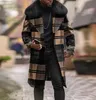 디자이너 남성용 격자 무늬 블렌드 모직 슬림 한 미드 길이 모피 칼라 코트 재킷 남자 양모 가을 겨울 따뜻한 코트 캐주얼 패션 남성 플러스