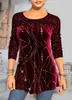 Sequins T-shirt Kvinna Spring Toppar V-Neck Full Sleeve Lace Splice Print Boho Women Shirt 4XL 5XL 220411