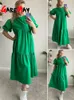 Casual Women Summer Maxi Dress 100% Cotton O Neck A-line Oversize Short Sleeve Midi Puff White Green Long 220427