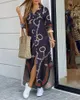 가을 맥시 드레스 여성을위한 롱 셔츠 드레스 체인 인쇄 옷깃 넥 파티 드레스 캐주얼 긴 소매 대형