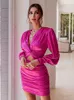 Glamaker Sexy Deep V Neck Bodycon Dress Party Club Hollow Out Mini Elegant Winter Autumn Chic Lantern Sleeve Satin 220805