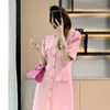 Summer Nowe nowe damskie puff krótkie rękawy różowy kolor o-dół elegancki tweed wełniany pojedynczy piersi wysoka talia bodycon sukienka Smlxl