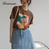 hirsionsan aesthetic printed t shirts 여자 소프트 빈티지 느슨한 티 추상 그래픽면 tshirts 여름 캐주얼 탑 220525