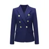 B078 Womens Suits & Blazers Hot Personality New Top Quality Original Design Women's Double-Breasted Blue Slim Jacket Metal Buckles Blazer Navy Blending Outwear