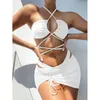 Roupa de banho feminina com nervuras bandagem 3 peças biquíni feminino bodycon praia moda verão maiô sexy cintura alta sólido push up feminino 2022