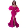 Simple Hot Pink Off the Shoulder Backless Satin Mermaid Prom Dresses Puffy Sleeves High Slit Party Evening Gowns Long