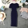 2019 Summer Women's Knitted O-Neck Short Sleeve Slim Fit Dress Side Double Row Buckle Hip Wrap Dress Ladies Sheath Dress T200526
