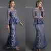 Navy Blue Beaded Mother of the Bride Dresses Jewel Neck Long Sleeve Lace Wedding Guest Dress Plus Size Evening Gowns