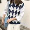 Femmes sans manches pull Angleterre style vintage géométrique rhombique col en V pull tricoté gilet tricot gilet bleu T441 201224