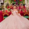 Bloemen charro quinceanera jurken roze van het schouderkant van borduurwerk prinses sweety 16s meisjes maskerade feestjurken