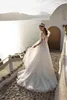 ثياب زفاف أنيقة على خط الزفاف طويل الأكمام خامدة من العباءات الزفاف الرقبة الثديي الدانتيل الدانتيل عالي الخصر