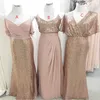 Sequins 2022 Rose Gold Bridesmaid Dresses Mermaid Spaghetti Straps V Neck Short Sleeves Custom Made Plus Size Maid of Honor Gown Country Wedding Party Wear