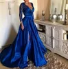 Elegante Royal Blue Lange Mouwen Prom Dresses met Afneembare Rok Kant Top V-hals Formele Avondjurken Vrouwen Sweep Train Slit Satijn Speciale Gelegenheid Jurk