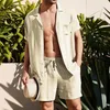 Herrespår Summer Men Cotton Linen Outfit Casual Solid Two Piece Set Fashion Loose Turn-Down Collar Button Shirts and Shorts Passar Mens