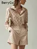 Berrygo Elegant Short Sets Silk Shirt For Women Fashion Long Sleeve Pocket Print Tweed Piece Set Set Summer Casual Work Satines Set 220611