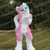 Hallowee Pink Long Furry Husky Dog Mascot Costume Cartoon Anime personaggio a tema Carnevale Abito unisex per adulti Festa di compleanno di Natale Outfit all'aperto
