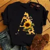 Kaus Wanita Mode Atasan Kasual Gambar Cetak Bunga Matahari Macan Tutul Kombinasi Huruf Nama Sesuai Pesanan Hitam B C D E O 220613