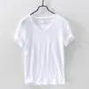 サマーメンズリネンコットンTシャツ半袖vneck通気性ソフトルーズシンホワイトTシャツメンアジアサイズMXXX​​L 201 220623