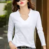 TuangBiang Spring Long Sleeve Women V-Neck Bamboo Cotton T-Shirt Elegant Loose Fashion Tee Shirt Ladies Stand Collar Tops 220328