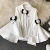 Spring Summer Vintage Lapel Strapless Big Flare sleeve Long Slim Chiffon Shirt 3D Flower Deco Blouse Women 220402