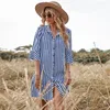 Party Dresses Summer Fashion Women's Single-Breasted Striped Straight Mini Dress Casual Lady Lapel Half Sleeve Loose Shirt DressParty