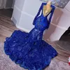 Royal Blue Sequines Applique Вечернее вечернее платья 2022 Sparkly с длинным рукавом кружевной шеи арабский Aso Ebi Prom Gala Pro232