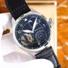 Riserva di carica Orologi da uomo Movimento a carica manuale Scocca in acciaio Tourbillon Scheletrato Quadrante blu Cinturino in pelle marrone Orologio da polso con chiusura pieghevole