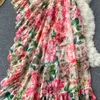 Våren europeisk amerikansk blommig maxi vestidos kvinnors avslappnade klänningar diagonal krage en-axel rufsad temperament ogräs klänning sarg