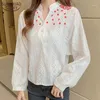 Women's Blouses & Shirts 2022 Casual White Slim Lace Women Autumn Korean Style Elegant V-neck Long Sleeve Embroidered Shirt 11301