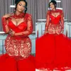 2022 بالإضافة إلى الحجم العربي Aso ebi Red Mermaid فساتين الحفلة الراقصة الفاخرة من البلورات الملبدة بالخرز في المساء الرسمي الحزب الثاني استقبال عيد ميلاد فستان Zj186