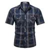 Summer Mens Short Sleeved Shirt Single Breasted Cotton Plaid s Male Smart Casual Retro Motorcycle Men Plue Size M-5XL 220322