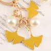 Imitation Ginkgo Leaf Keychains Keyring for Women Pearl Leaf Pendant Key Chains Car Bag Charms Personalized Female Jewelry Gifts