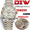 DIWF DIW126233 SA3235 자동 남성 시계 시계 2 톤 옐로우 골드 플루트 베젤 걸레 다이아몬드 다이얼 904L 스틸 jubileesteel 팔찌 슈퍼 에디션 영원한 시계
