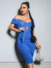 Gramaker mavi kapalı omuz göğüs bodycon club elbise üzerinde kadınlar yaz sıska midi yüksek bel cömert vestido 220602