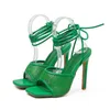 Sandali Pzilae 2022 New Sexy Green Mesh Donna Peep Toe Tacchi alti Décolleté Laceup Crosstied Stiletto Hollow Dress Shoes Big Size 220704