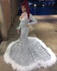 Afrikaans zwart meisje Sier Mermaid Prom Dresses Prachtige halter lange mouwen sprankelende pailletten veren avond ocn -jurken