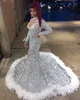 Afrikaans zwart meisje Sier Mermaid Prom Dresses Prachtige halter lange mouwen sprankelende pailletten veren avond ocn -jurken