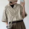 Camicette da donna Camicie Semplice marca Khaki Strisce verticali Uomo Donna Bottone Colletto Cuba Allentato Mezza manica oversize Top Stile giapponese Bl