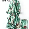 Nya kvinnor grön färg badrockstil lång kimono vintage blommig tryckt brett ben pant damer retro outfit t200716