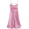 ZA Women Hollow Design Silk Satijnen textuur Midi Suspender Jurk zomer Seksuele SEXY Reveal Slit Slim Pink 220613