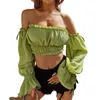 Women's Blouses & Shirts Women Summer Tops Solid Color Ruffle Off Shoulder Long Flared Sleeve Short Navel Shirt Fashion Cropped Tube Top Blo