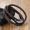 Link Chain Charm Brown Bracelets With Double Layered Leather Ropes Stainless Steel Bracelet For Men Fashion JewelryLink