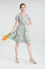 Women's Runway Dress V Neck Short Sleeves Printed Elastic Waist Ruffles High Street Designer Summer Dresses Vestidos