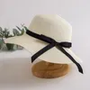 Chapéus largos da borda Fashion Black Bow Summer Straw Hat for Women Sun Panamá Cap Chapeuwide