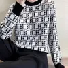 Hochwertiger Designer-Pullover mit Rundhalsausschnitt und langen Ärmeln für Damen, modisch, schwarz-weißes Muster, F-Buchstabe, Strickpullover