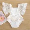 0-24 M Baby Girl Casual Fly Sleeve Cotton Romper Fashion Solid Color Lace Stitching Tie-Up Triangle Jumpsuits Soft Skin-Friendly G220521